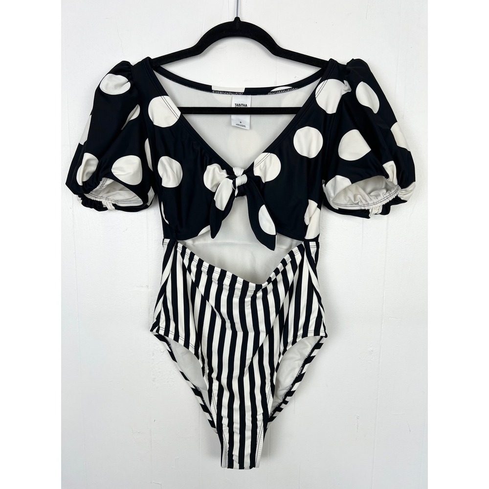 Tabitha Brown Target Polka Dot Stripe Puff Sleeve Cutout Swimsuit Black Small zq